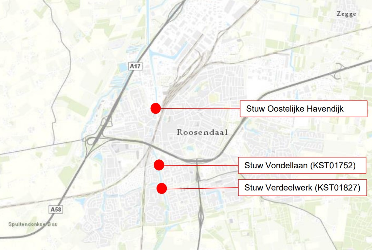 Kaartje van Roosendaal waarop drie stuwen staan aangegeven in De Molenbeek waar een vispassage komt