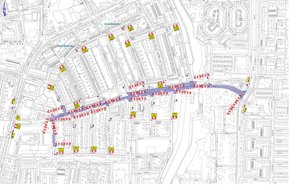 Kaart van wijk Gageldonk-West in Bergen op Zoom met gearceerde straten waar wegwerkzaamheden zijn