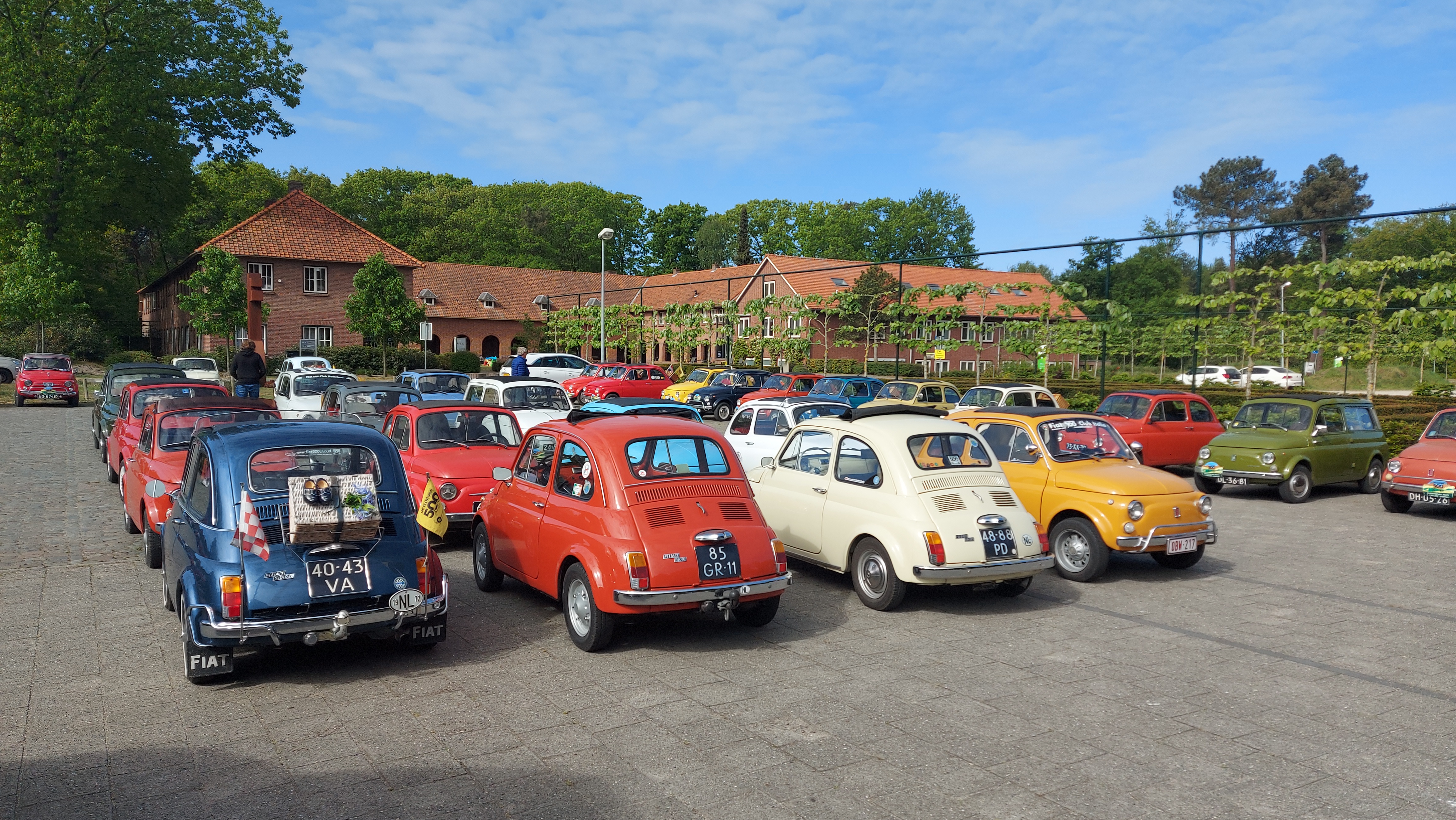 Parkeerplaats vol met Fiat 500's met op de voorgrond een donkerblauwe, een rode, een witte en een okergele