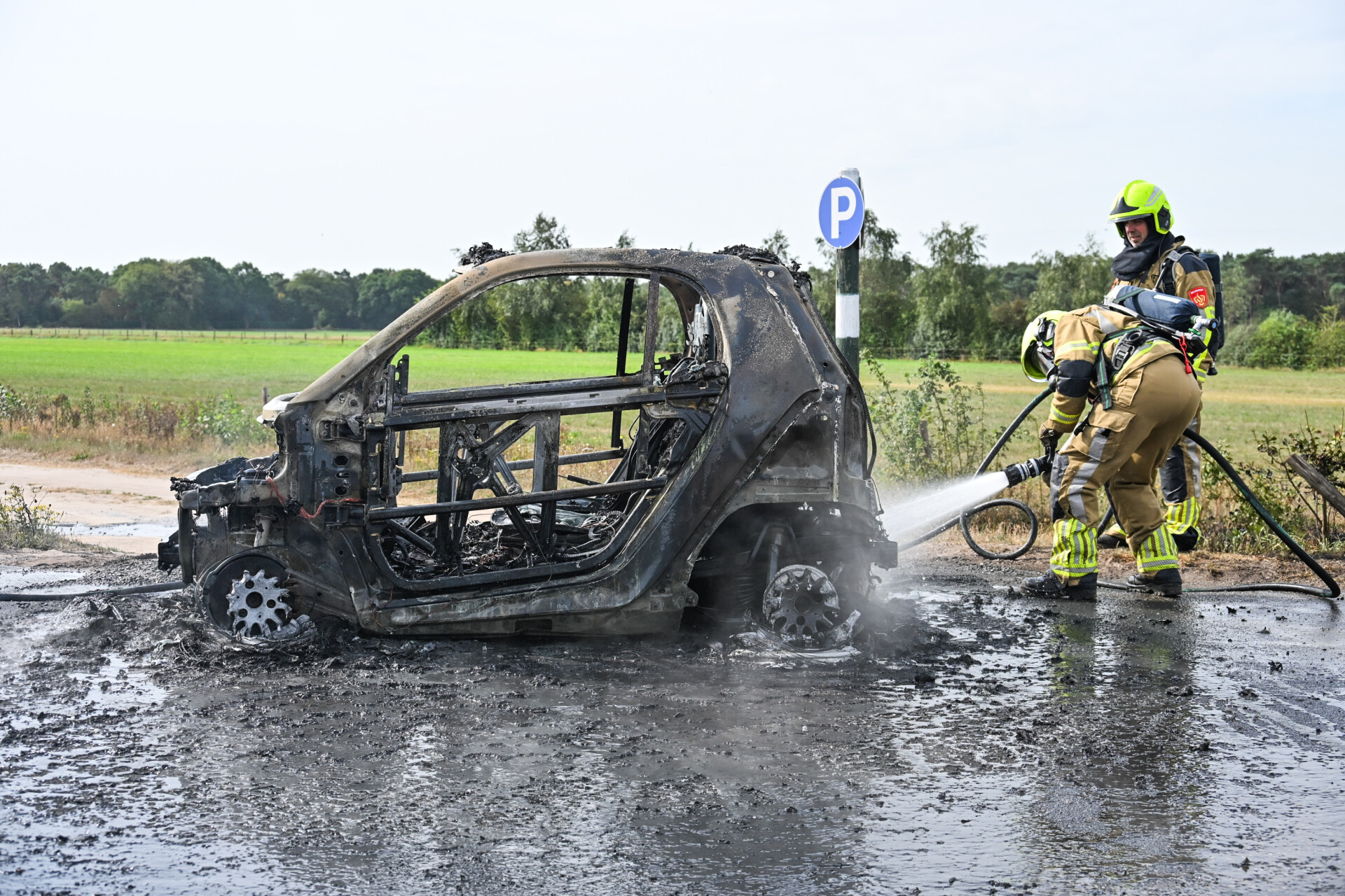 Auto door brand verwoest, ook berm vat vlam